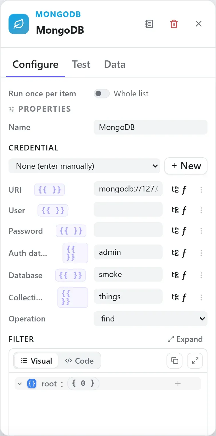 The MongoDB node's settings in the Studio builder
