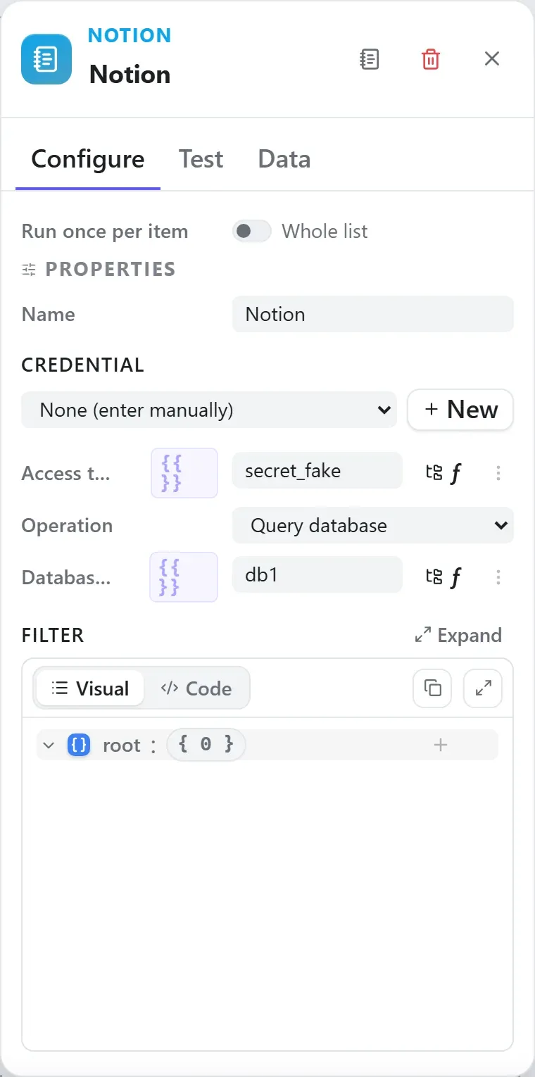 The Notion node's settings in the Studio builder