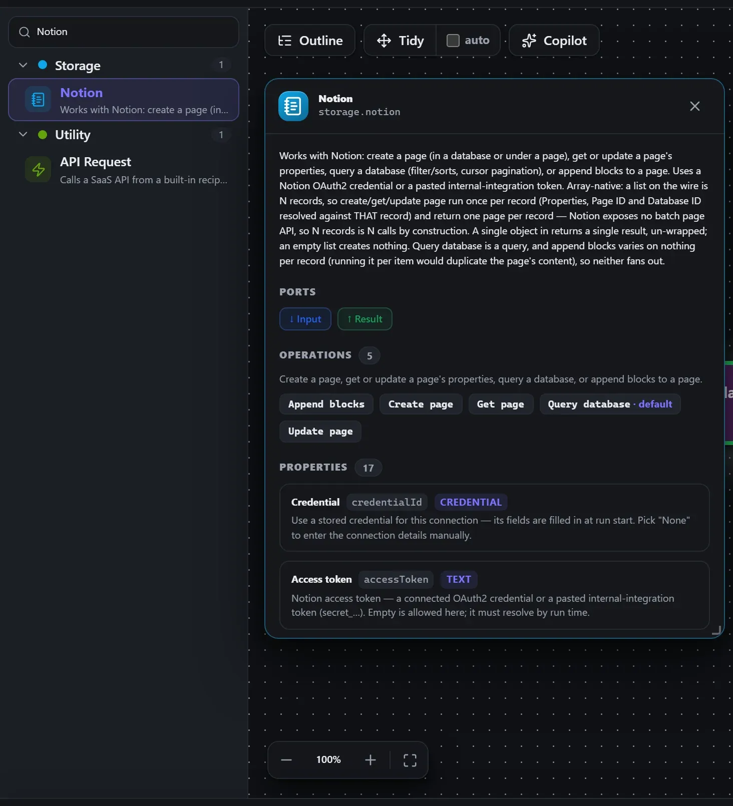 Notion in the node library, with the in-editor docs panel open