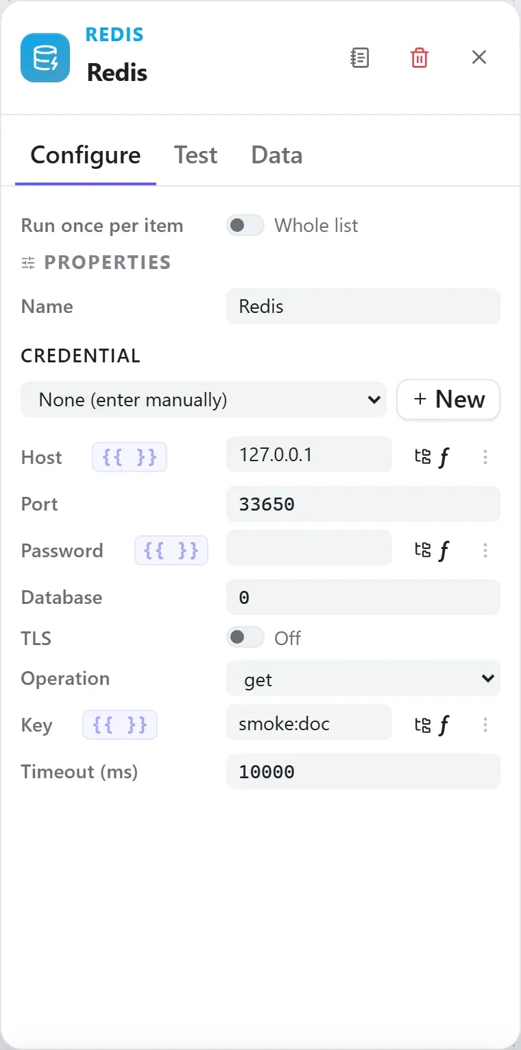 The Redis node's settings in the Studio builder