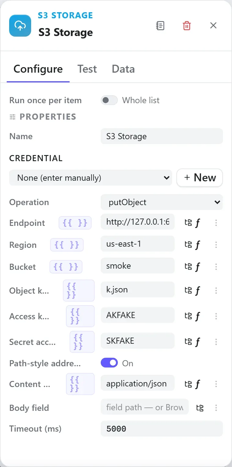 The S3 Storage node's settings in the Studio builder