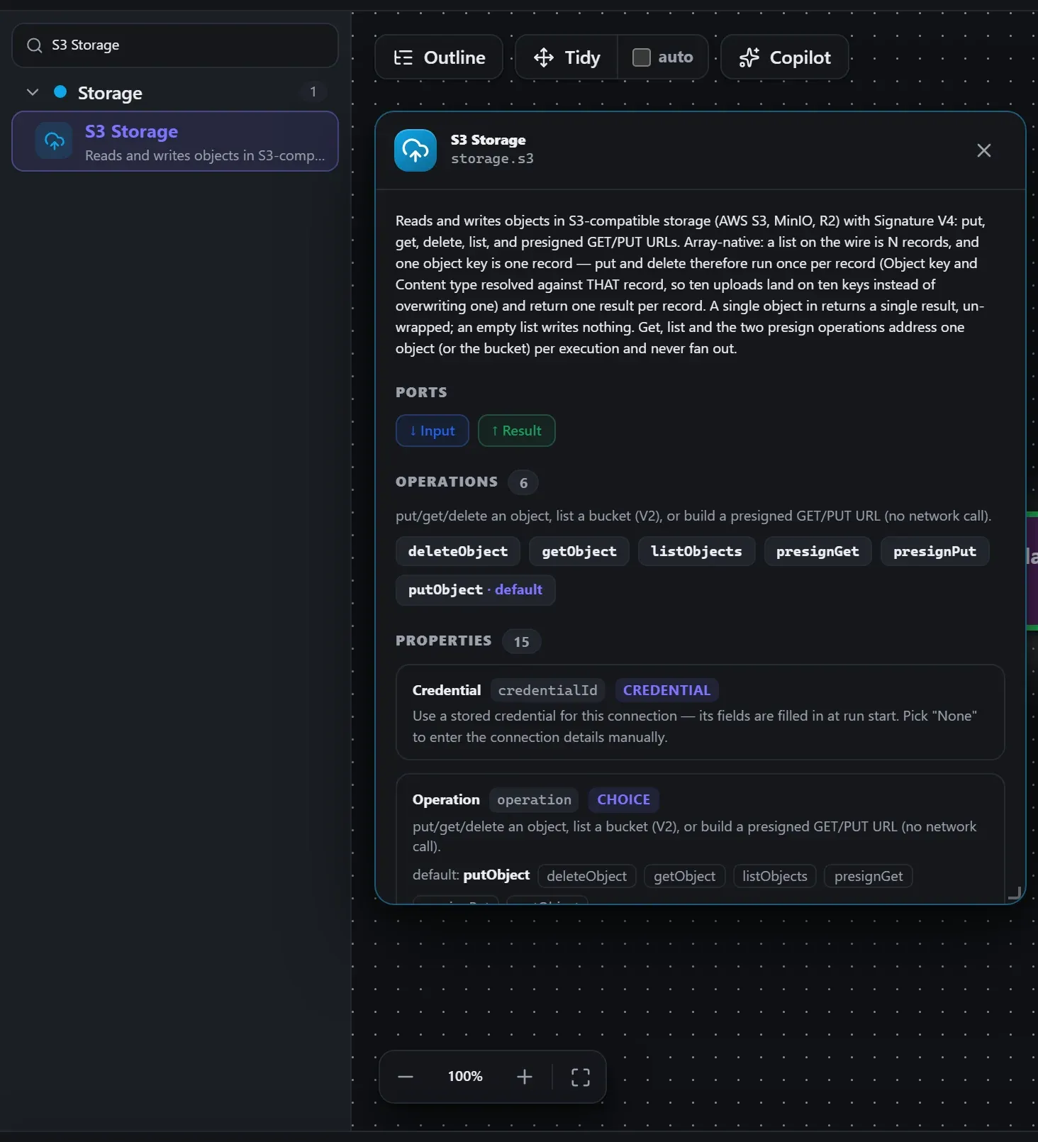 S3 Storage in the node library, with the in-editor docs panel open