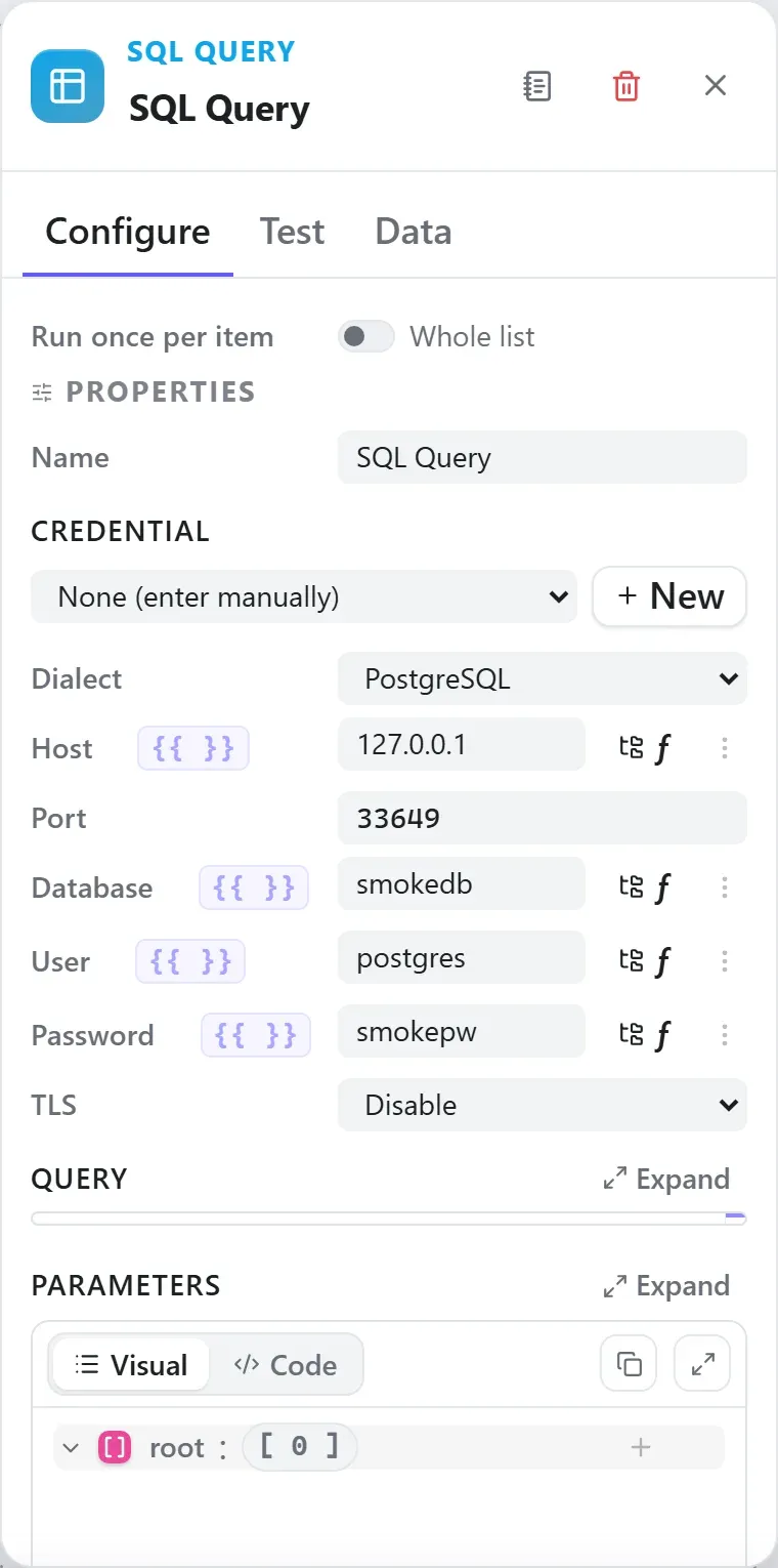 The SQL Query node's settings in the Studio builder
