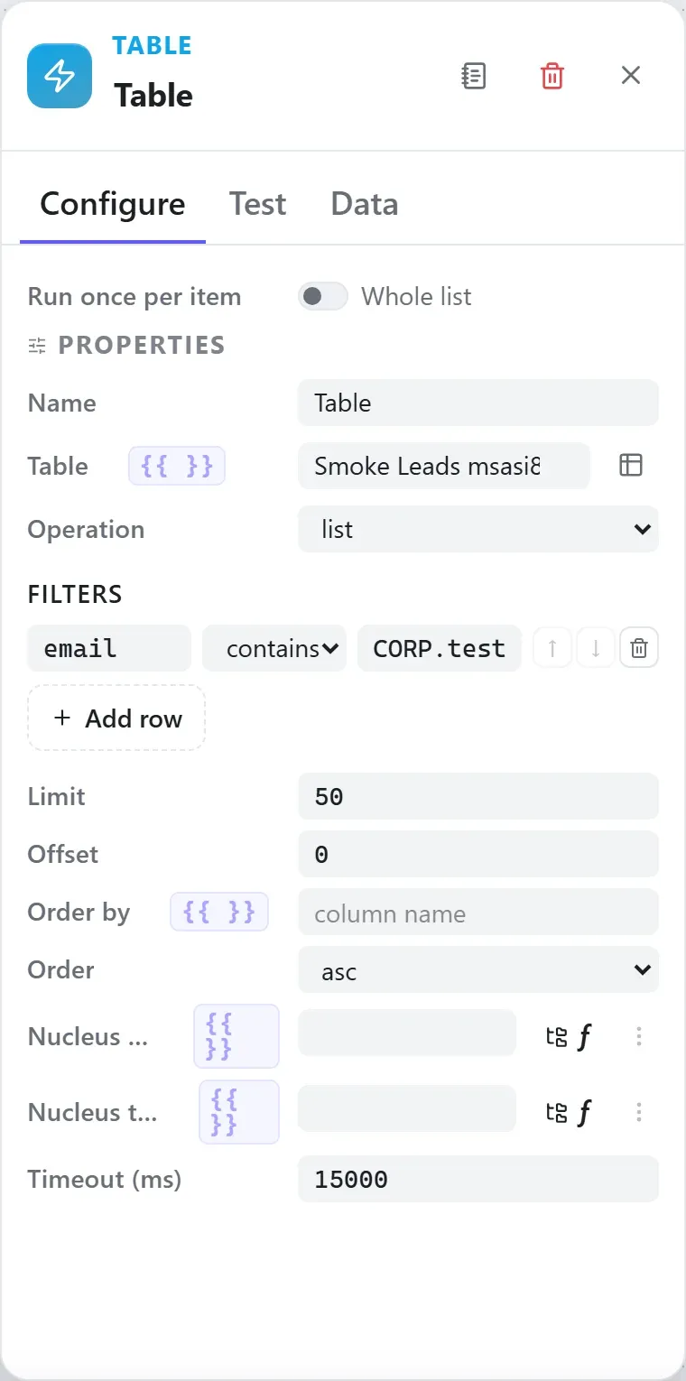 The Table node's settings in the Studio builder