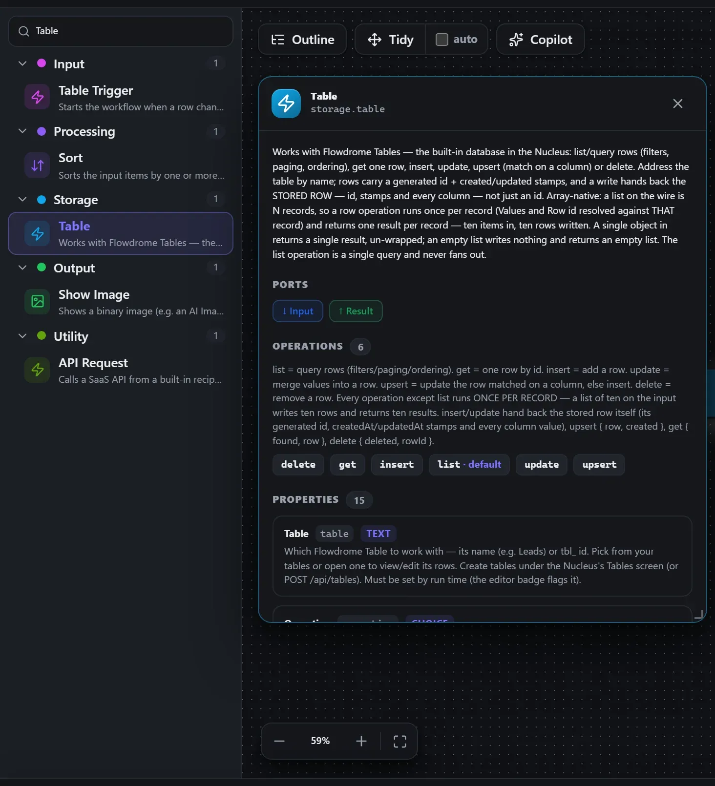 Table in the node library, with the in-editor docs panel open