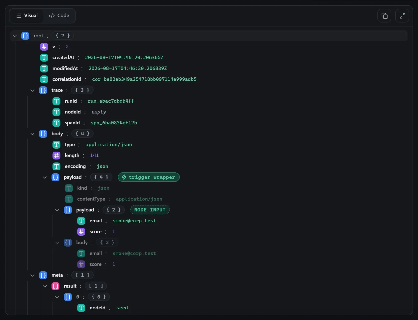 The Table node's input envelope in the run data viewer