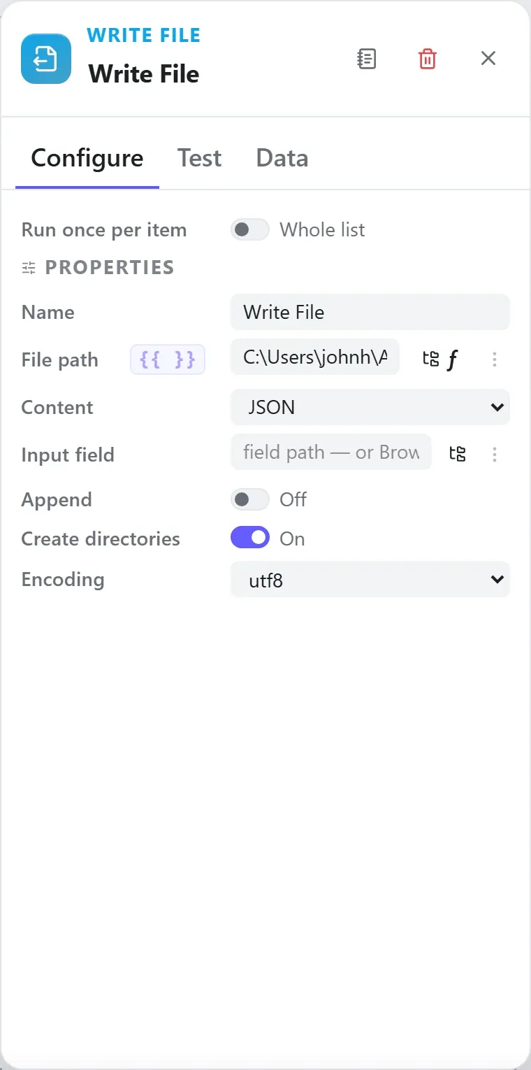 The Write File node's settings in the Studio builder