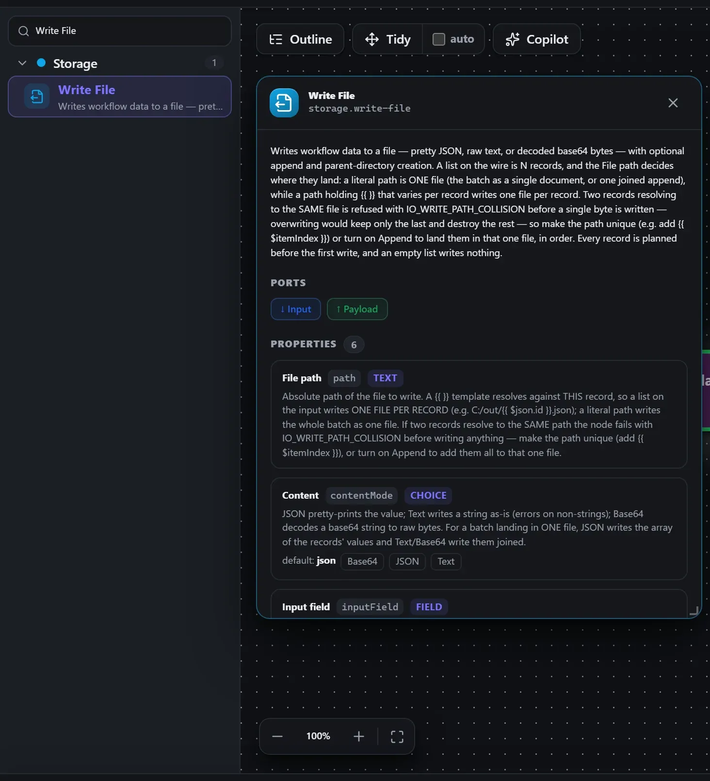Write File in the node library, with the in-editor docs panel open