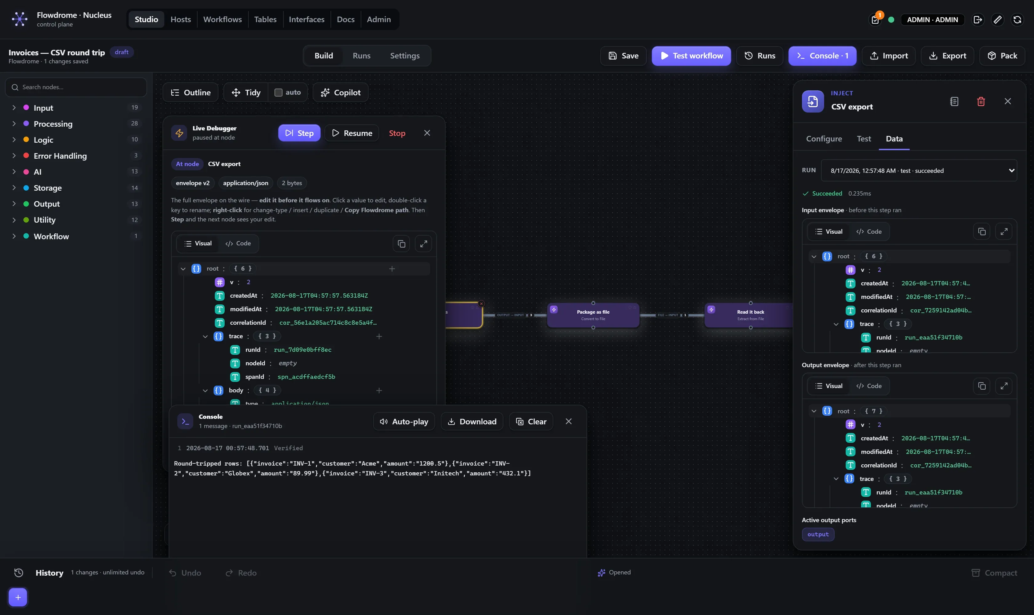 The live debugger paused at the first node with the envelope editor open