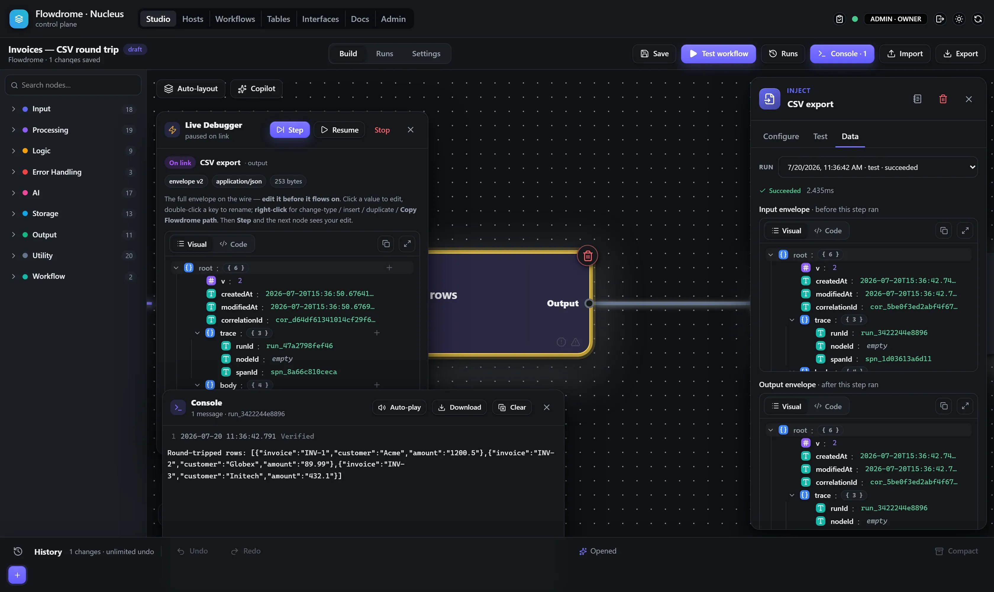 The live debugger paused at the first node with the envelope editor open
