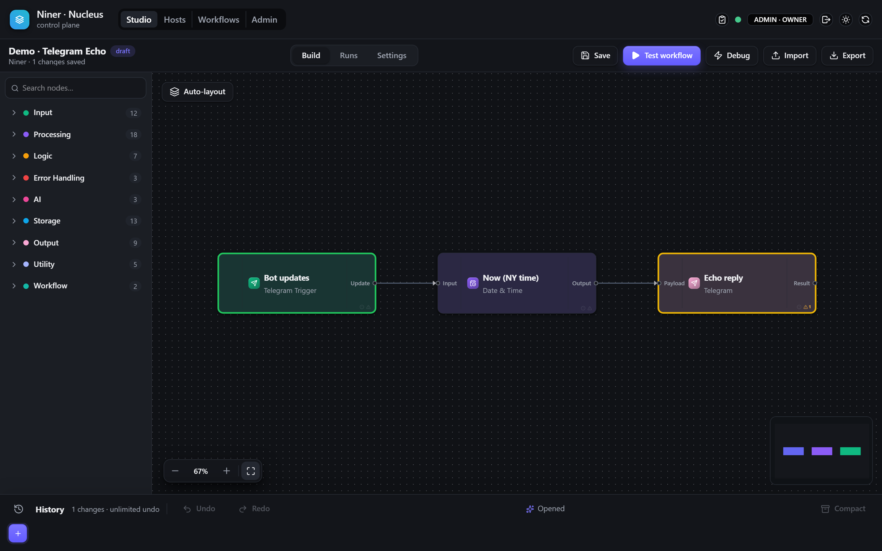 The Flowdrome Studio editor showing a Telegram echo workflow: a Telegram trigger flowing through a date-time node and a merge into a composed reply