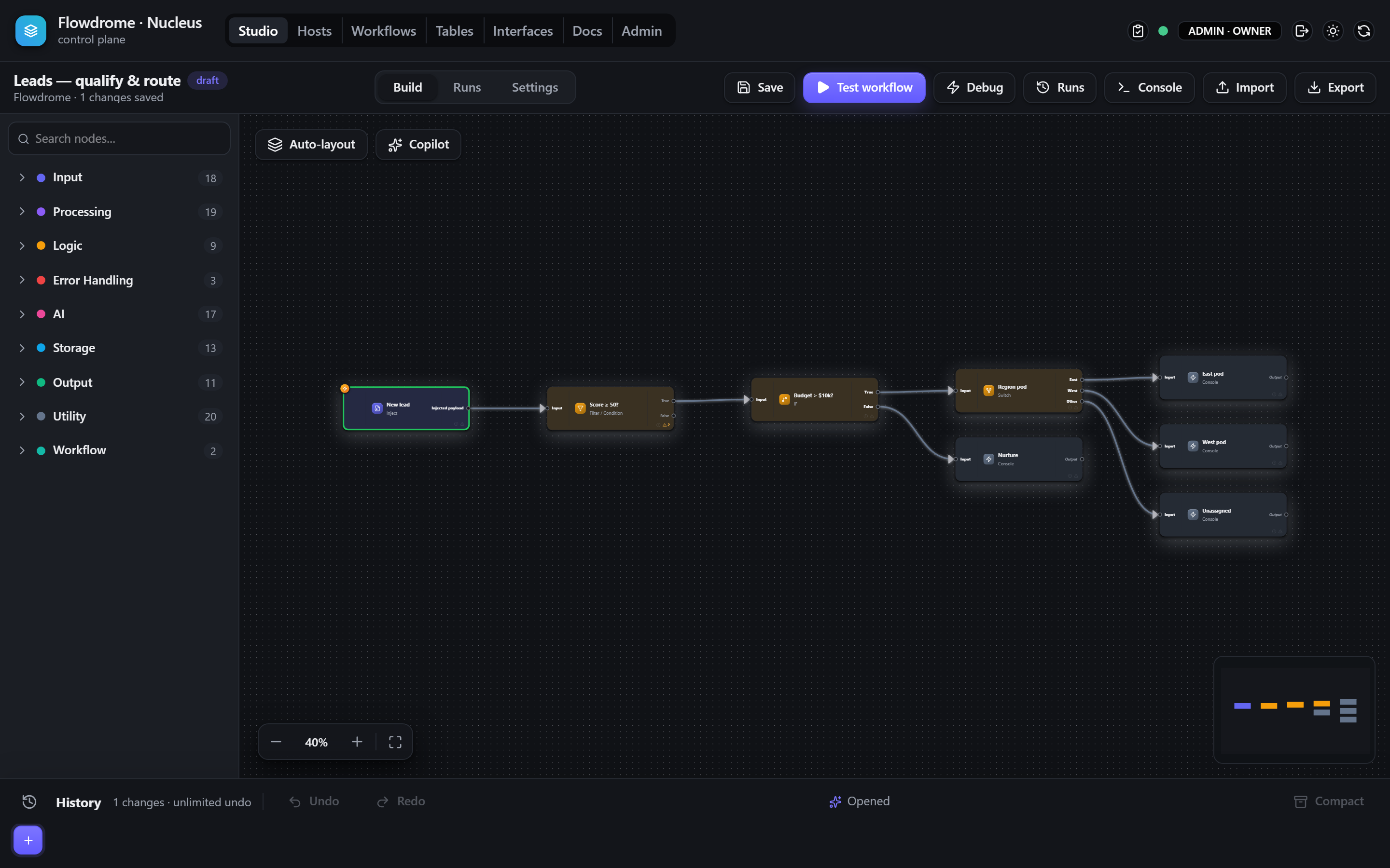 The Flowdrome Studio editor showing a Telegram echo workflow: a Telegram trigger flowing through a date-time node and a merge into a composed reply