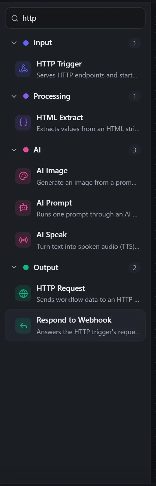 Searching the node library for 'http'