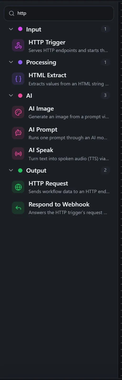 Searching the node library for 'http'