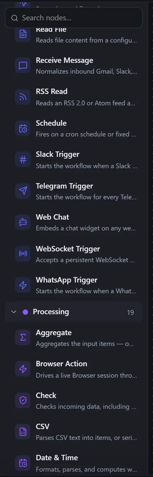 The node library with the Input and Processing folders expanded