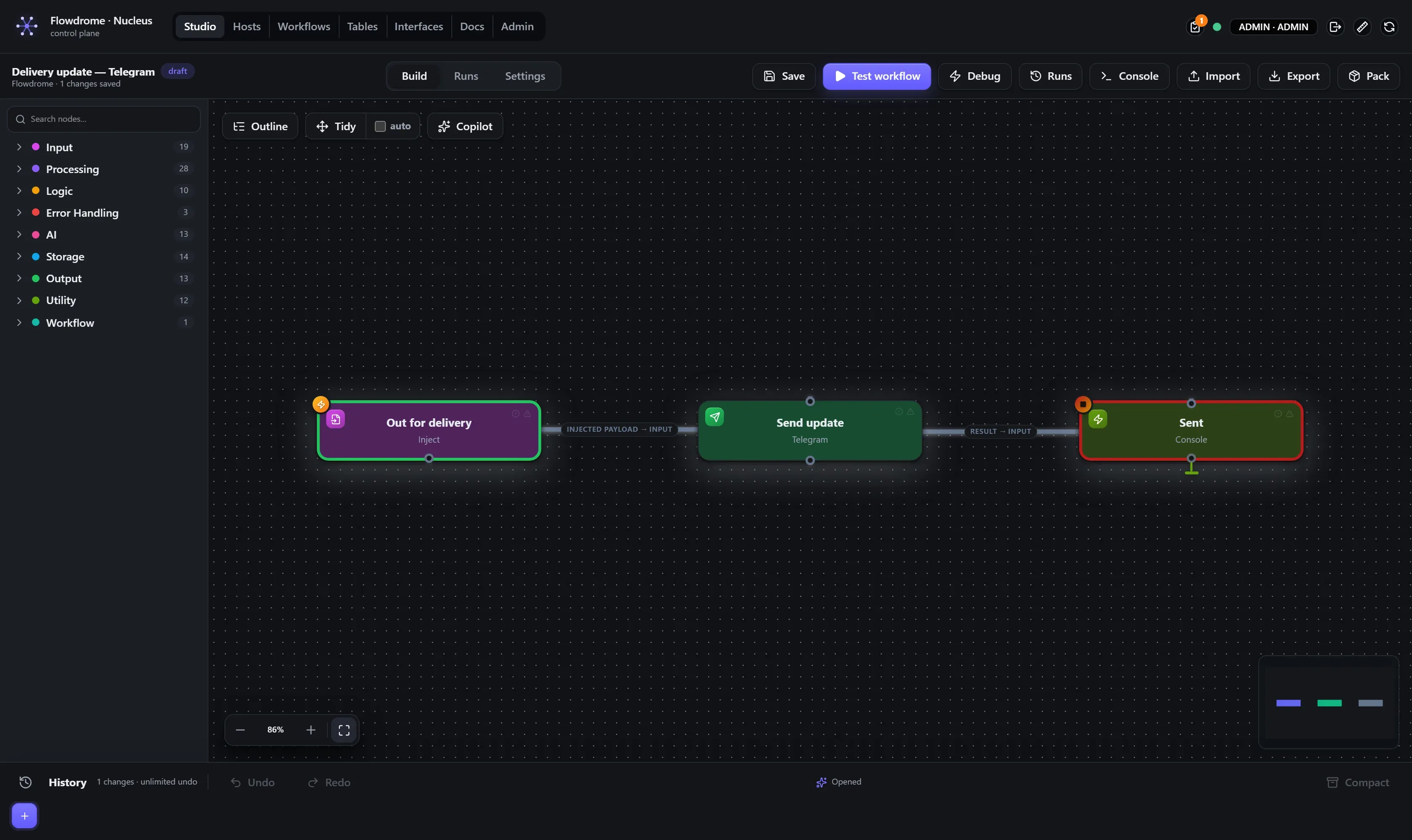 A three-node workflow on the Studio canvas