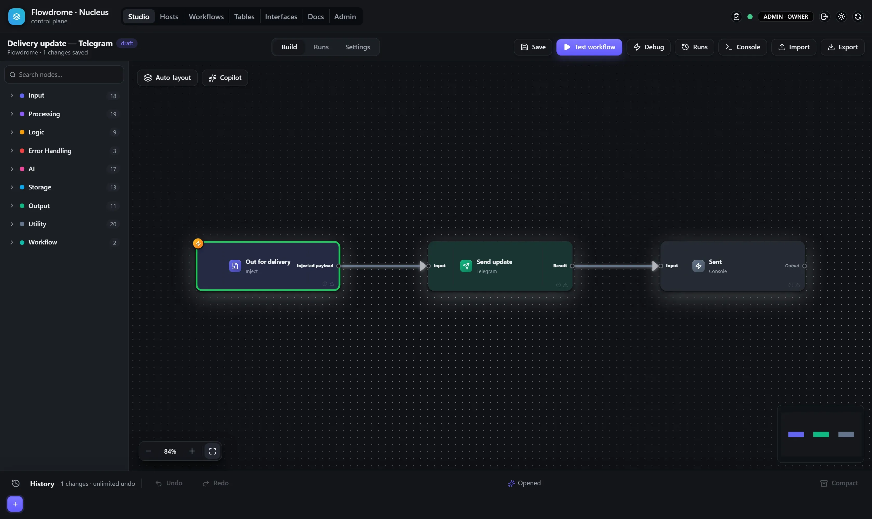 A three-node workflow on the Studio canvas