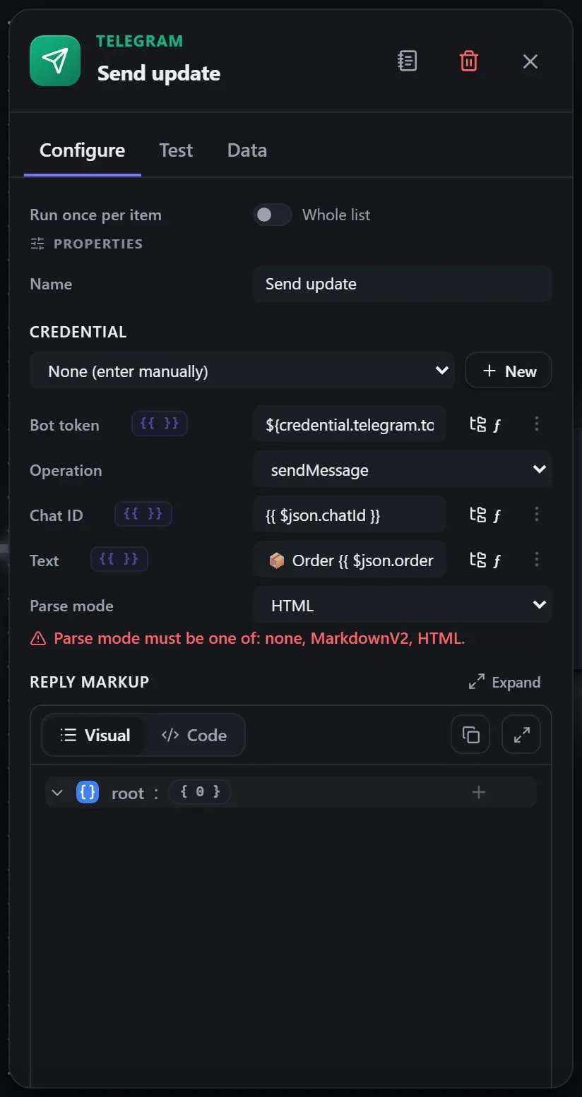 The Telegram Trigger properties with the credential picked