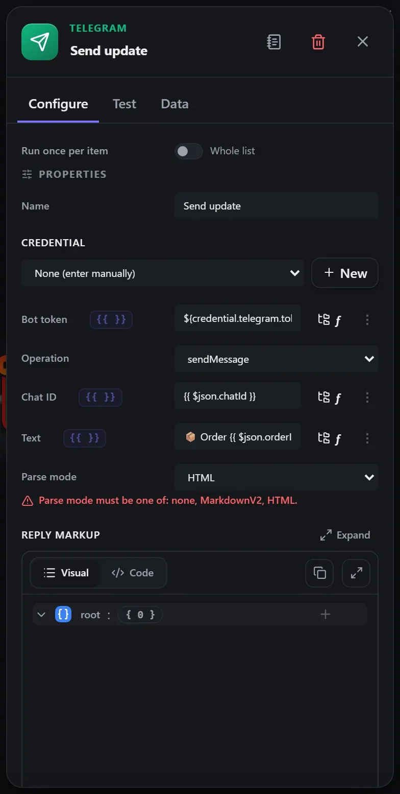 A node's settings showing the credential picker