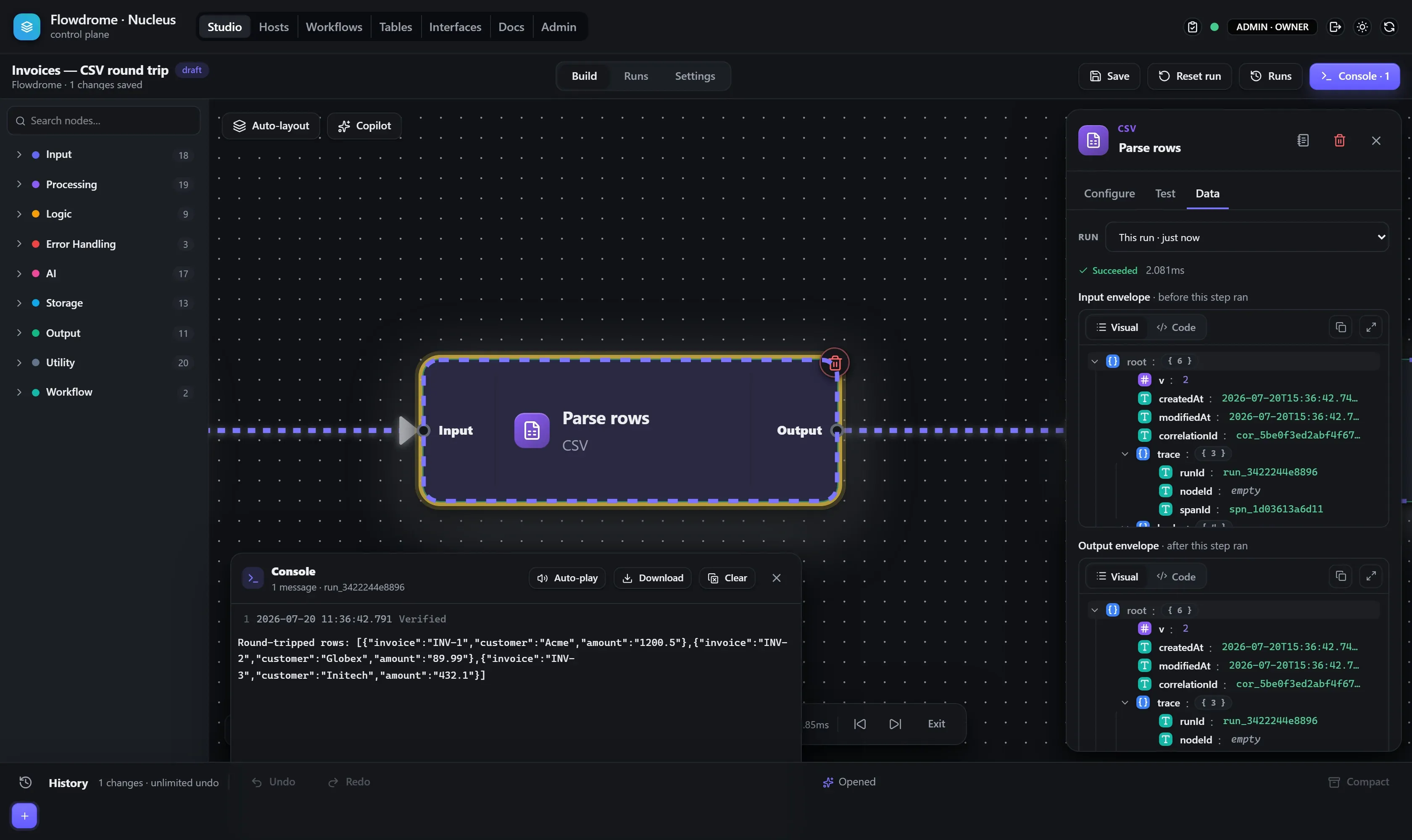 A node's Data tab showing input and output envelopes after a run
