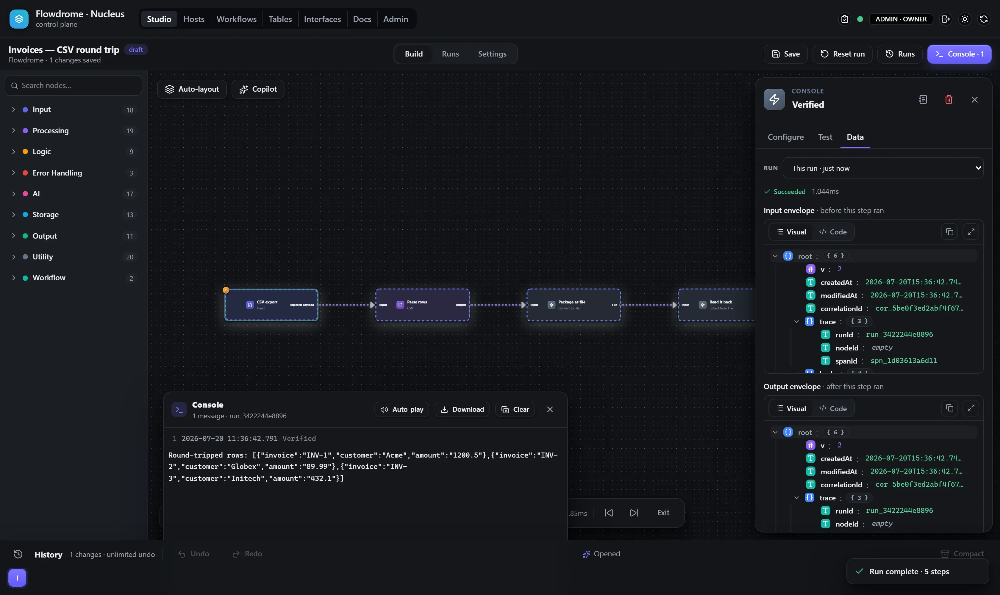 A completed test run with the canvas lit and the run data panel open