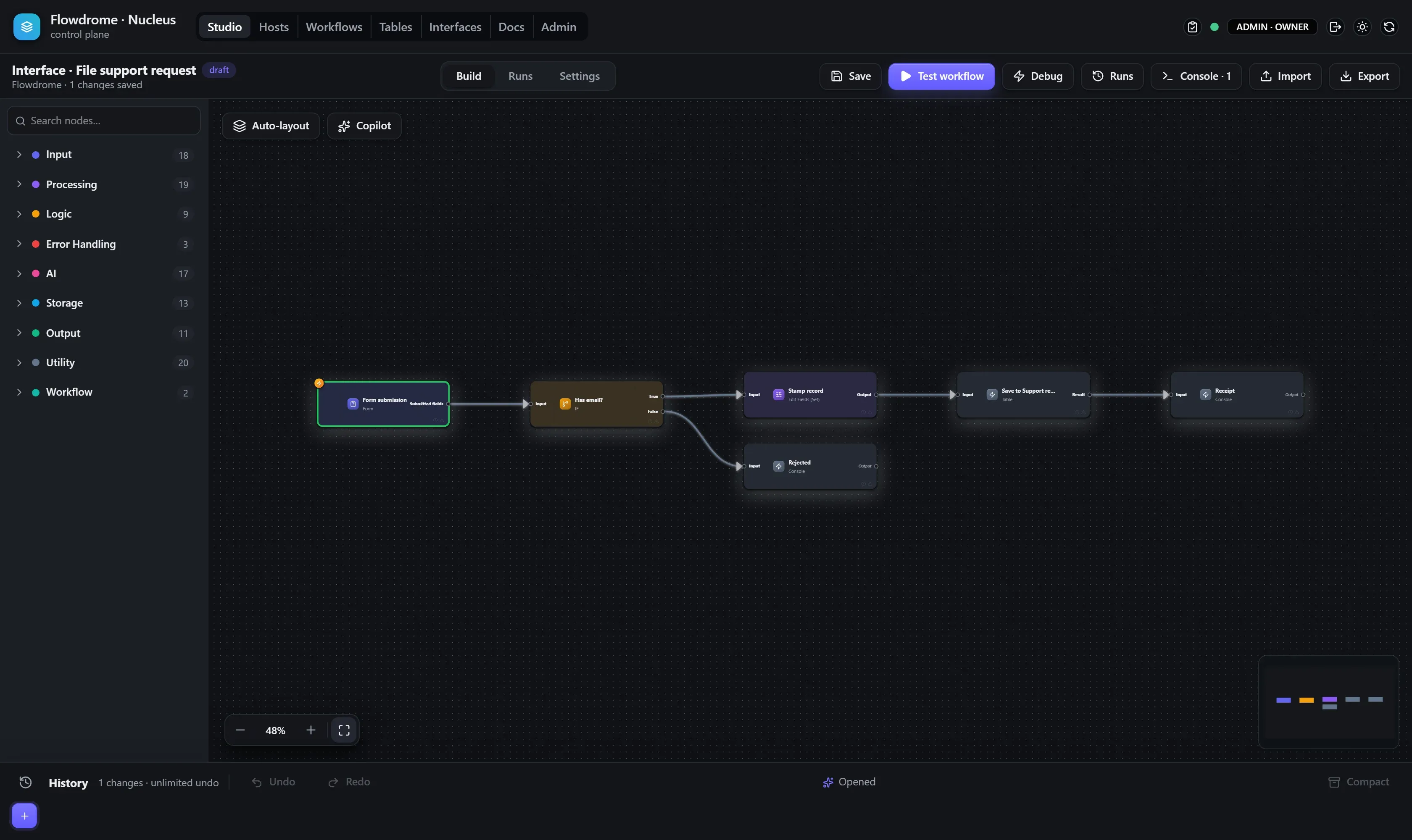 The intake workflow on the Studio canvas: Form trigger into an If gate; the true branch runs Set, Table and Console nodes, the false branch logs a rejection