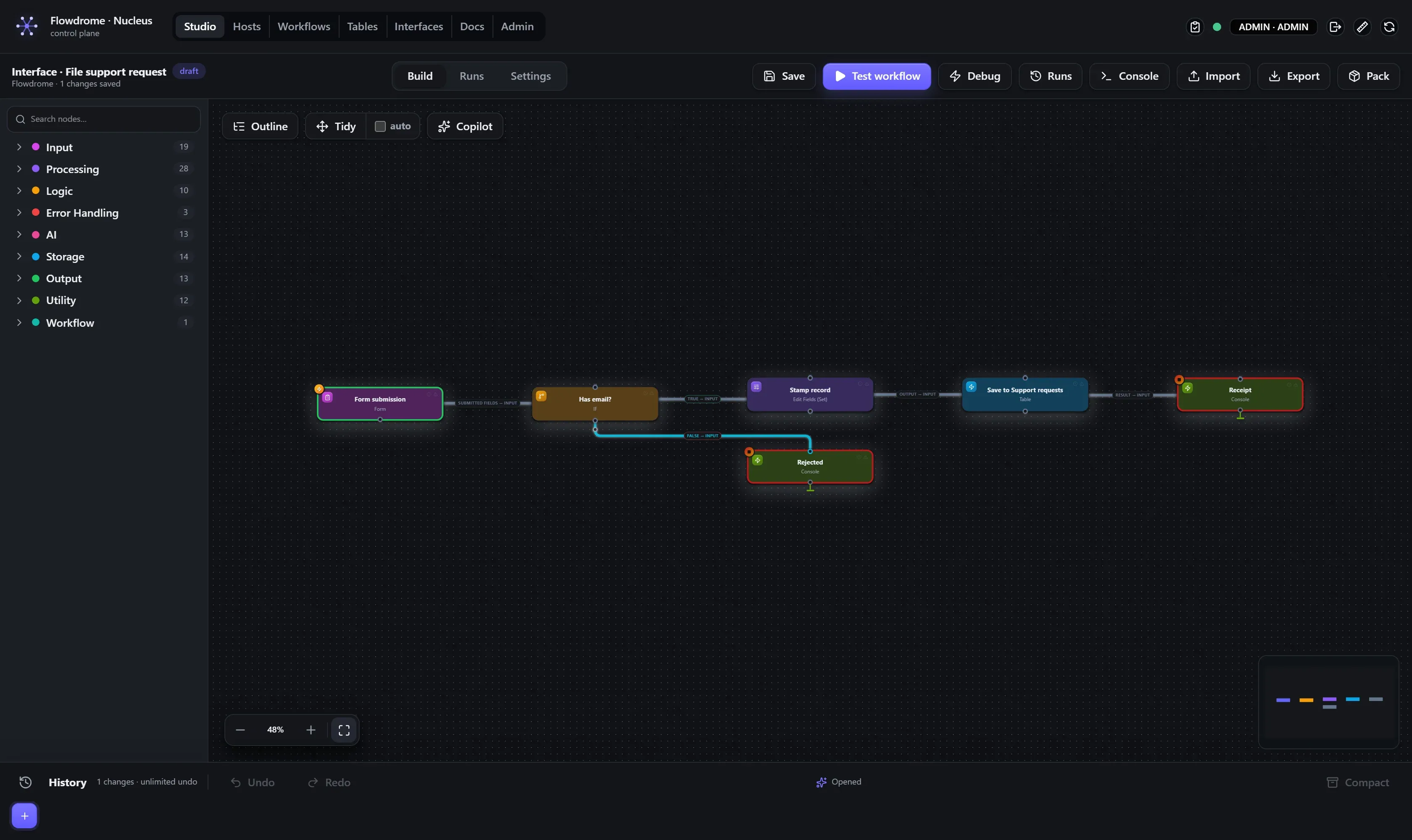 The intake workflow on the Studio canvas: Form trigger into an If gate; the true branch runs Set, Table and Console nodes, the false branch logs a rejection