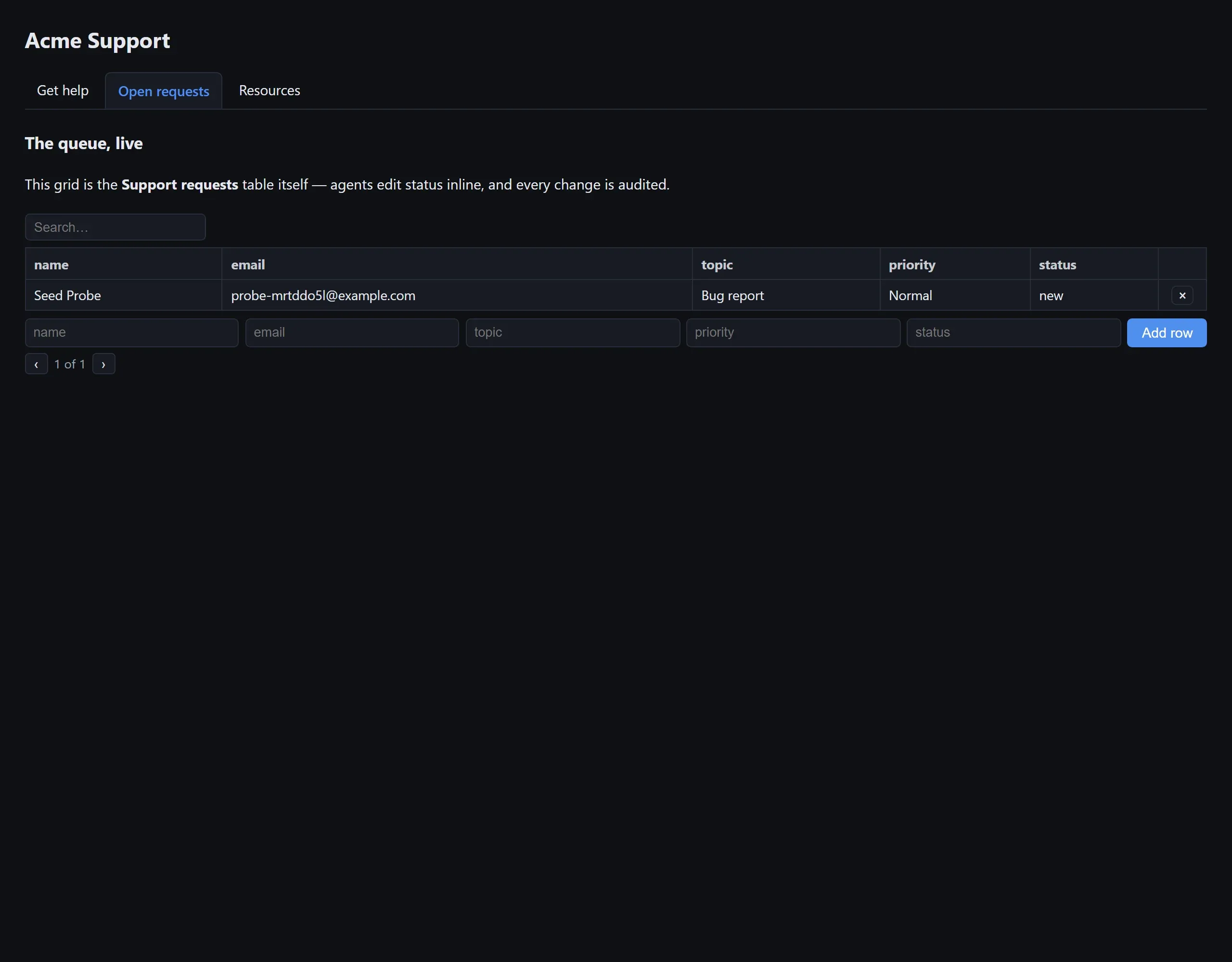 The portal's queue page: a searchable, editable grid of support requests where agents edit the status column inline