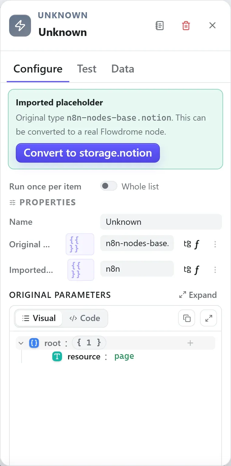 The Unknown node's settings in the Studio builder