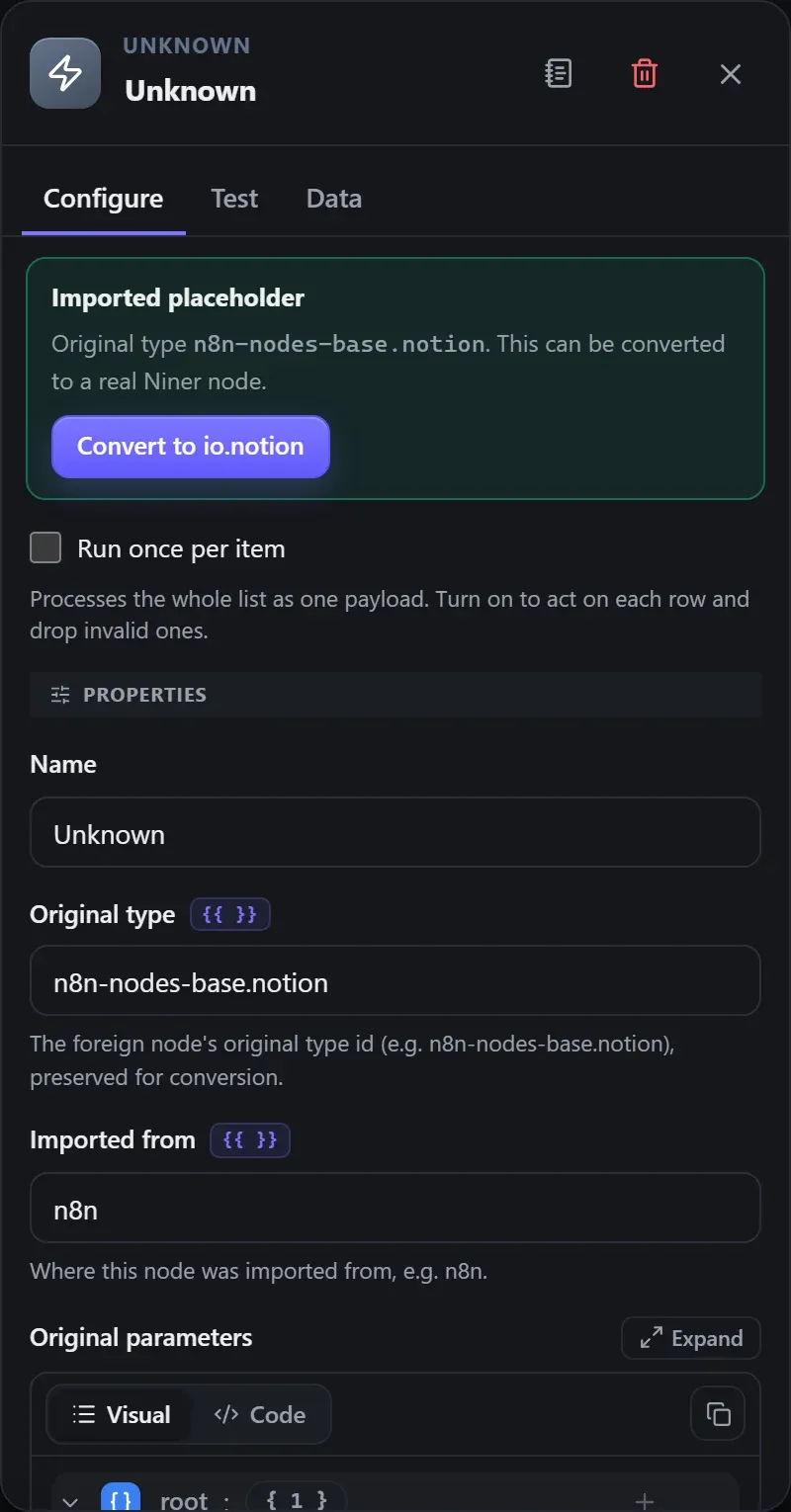 The Unknown node's Configure panel in the Studio builder