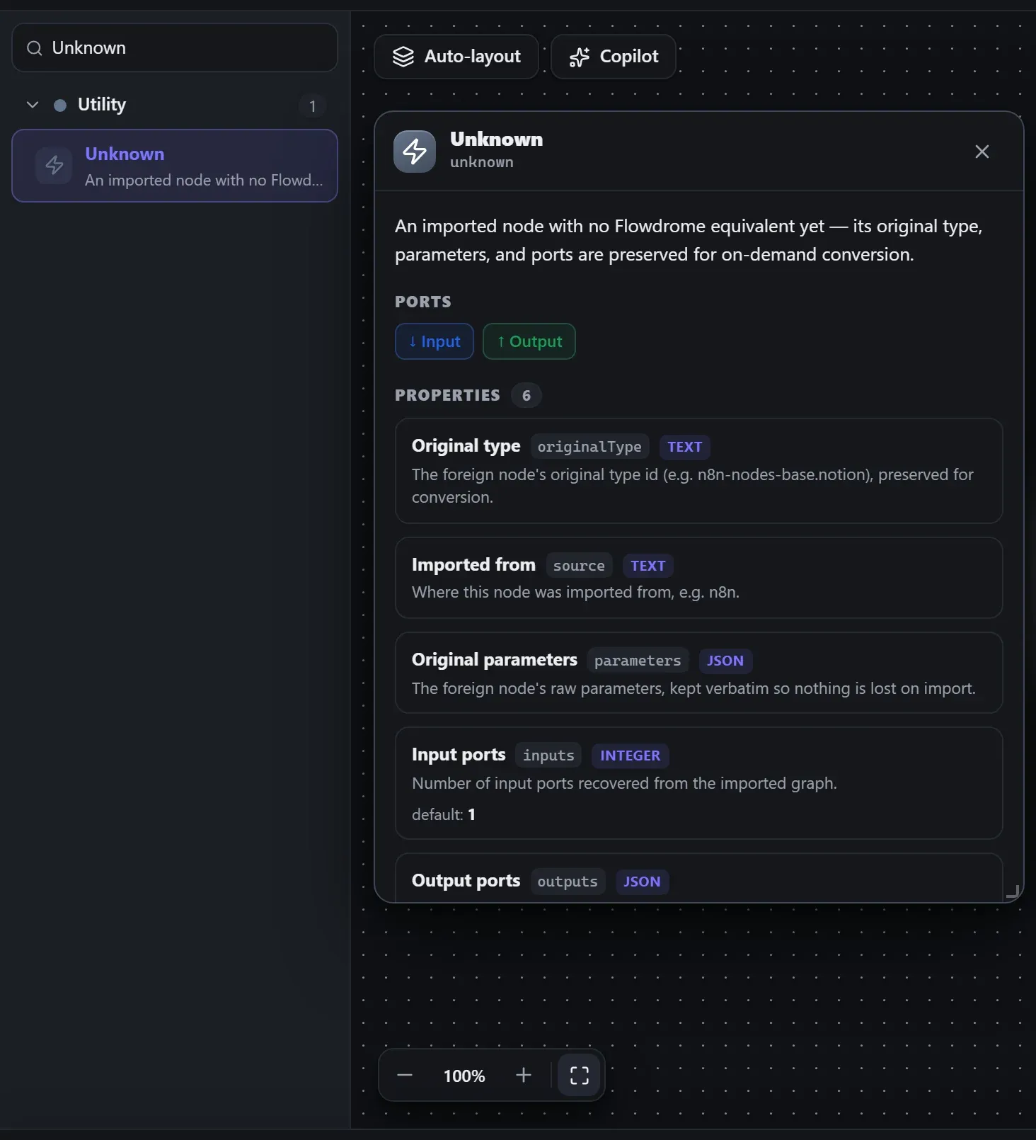 Unknown in the node library, with the in-editor docs panel open