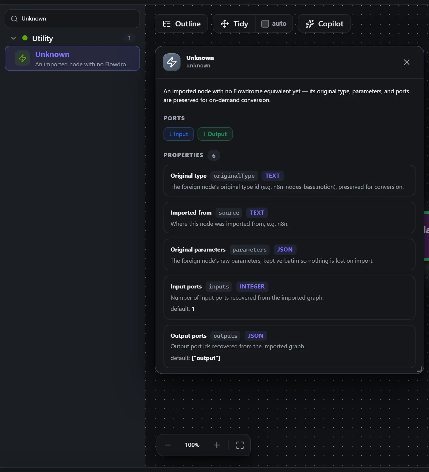 Unknown in the node library, with the in-editor docs panel open