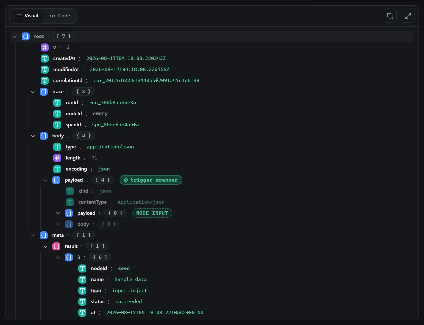 The Unknown node's input envelope in the run data viewer