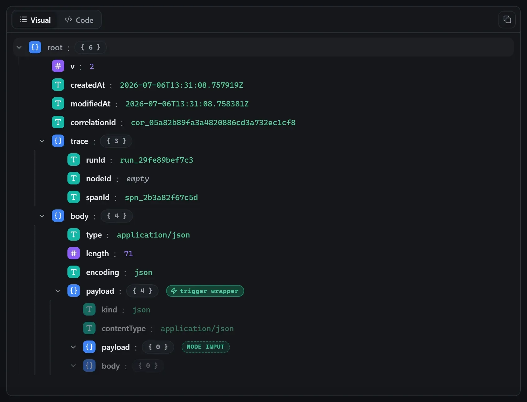 The Unknown node's input envelope in the run data viewer