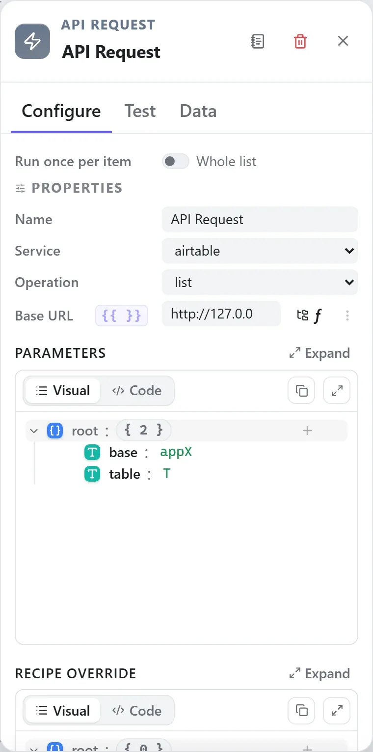 The API Request node's settings in the Studio builder