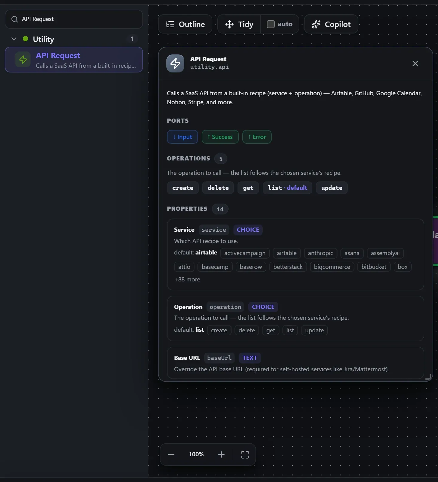API Request in the node library, with the in-editor docs panel open