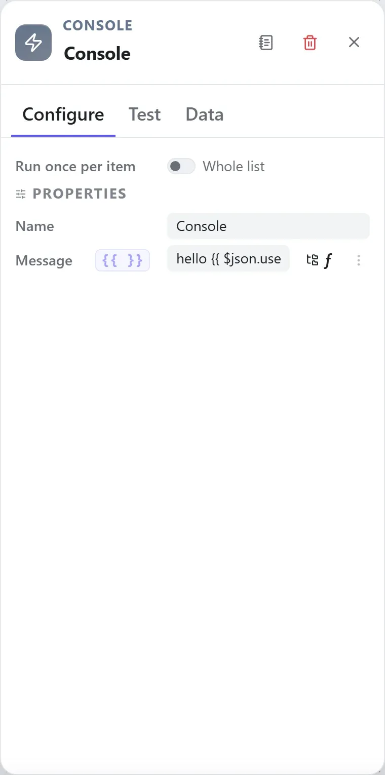 The Console node's settings in the Studio builder