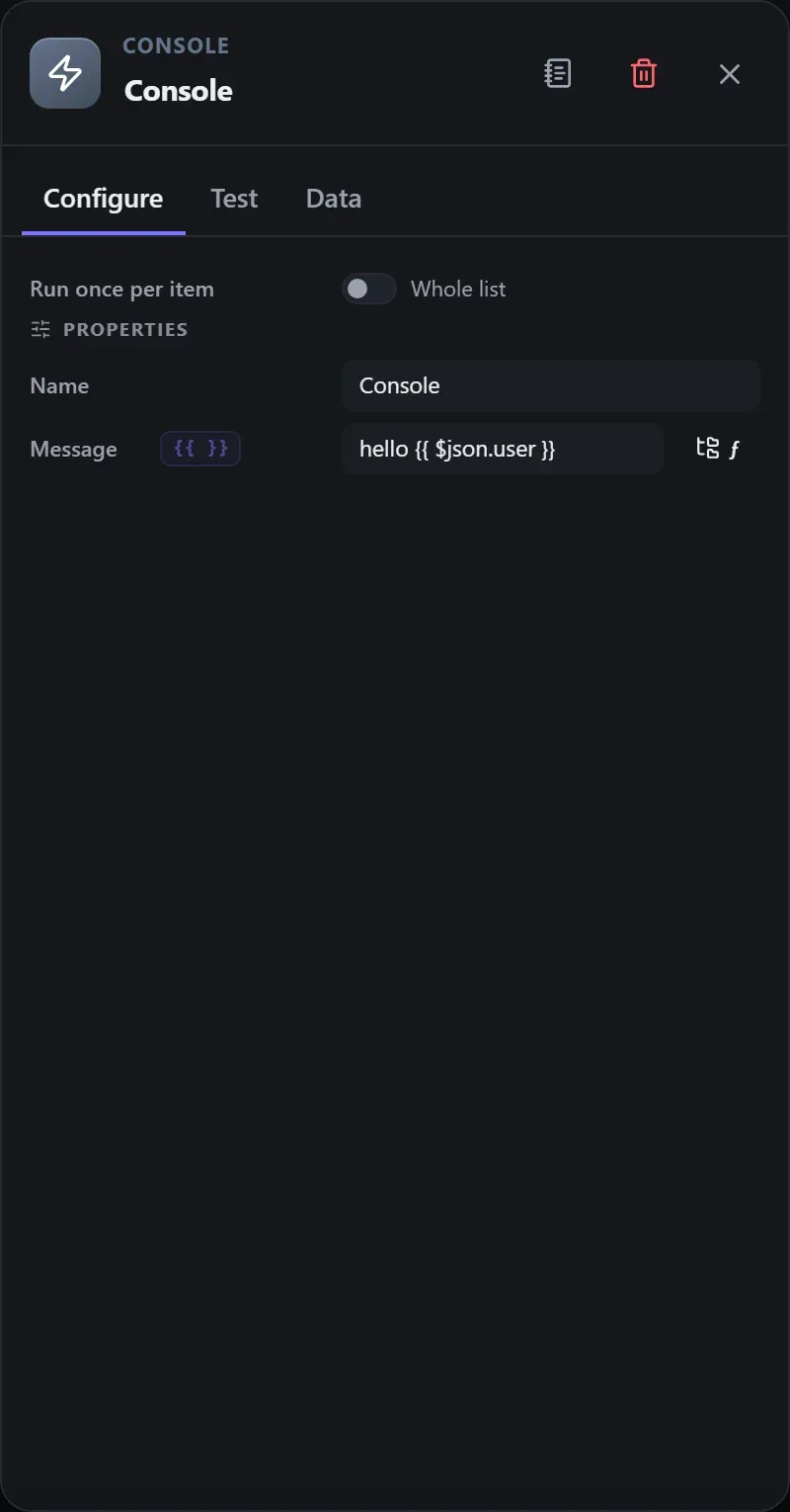 The Console node's Configure panel in the Studio builder