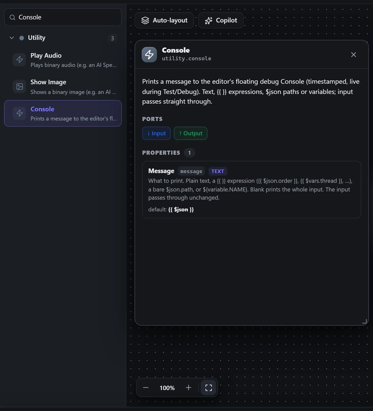 Console in the node library, with the in-editor docs panel open