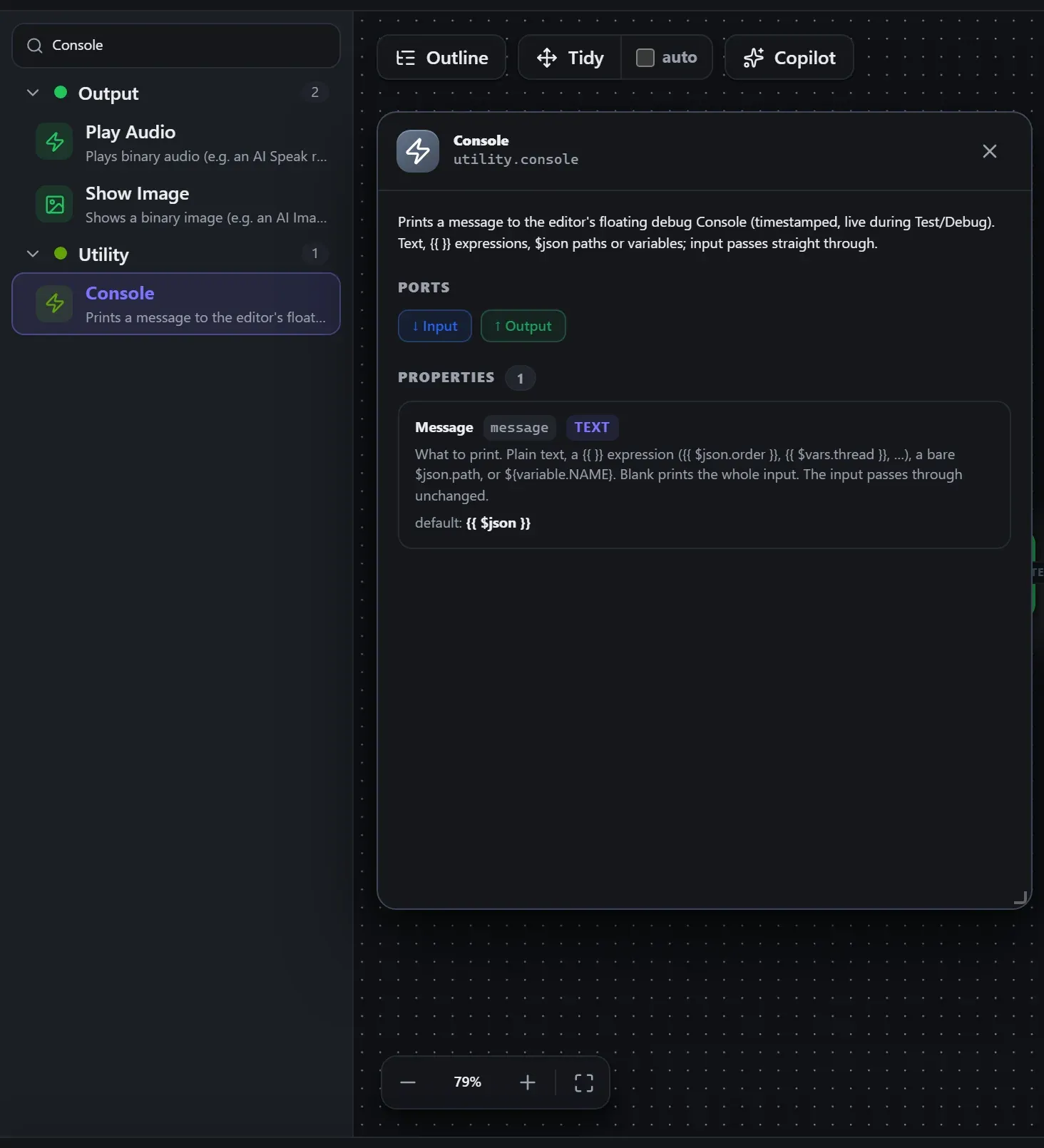 Console in the node library, with the in-editor docs panel open