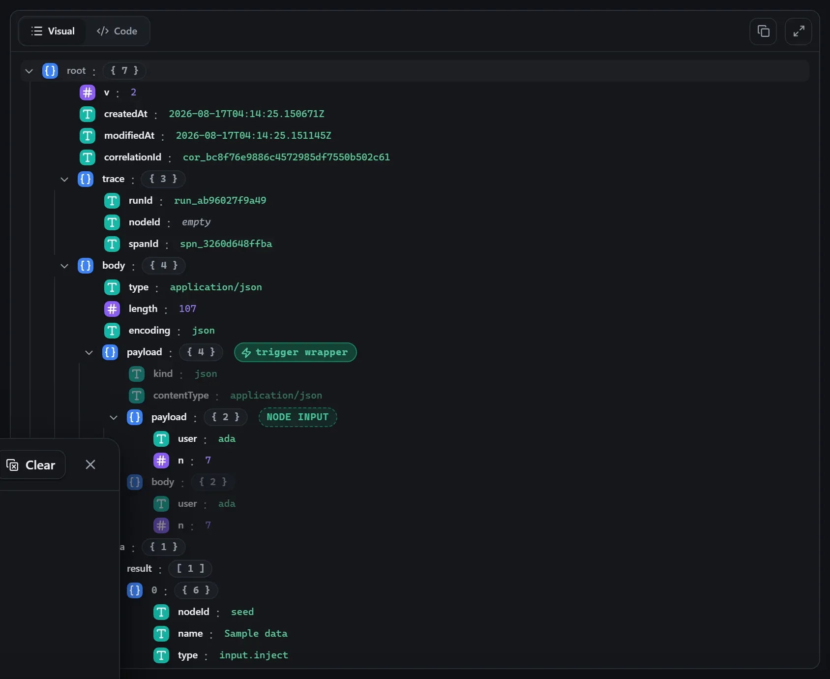 The Console node's input envelope in the run data viewer