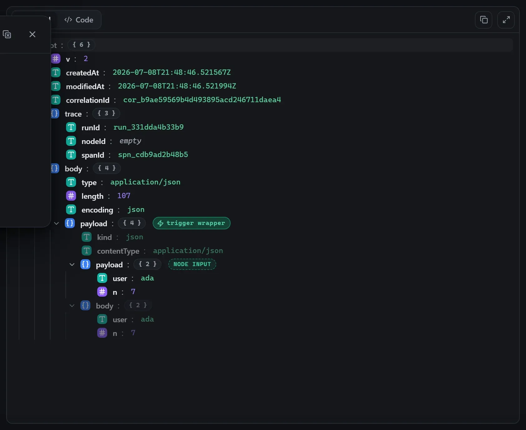 The Console node's output envelope in the run data viewer