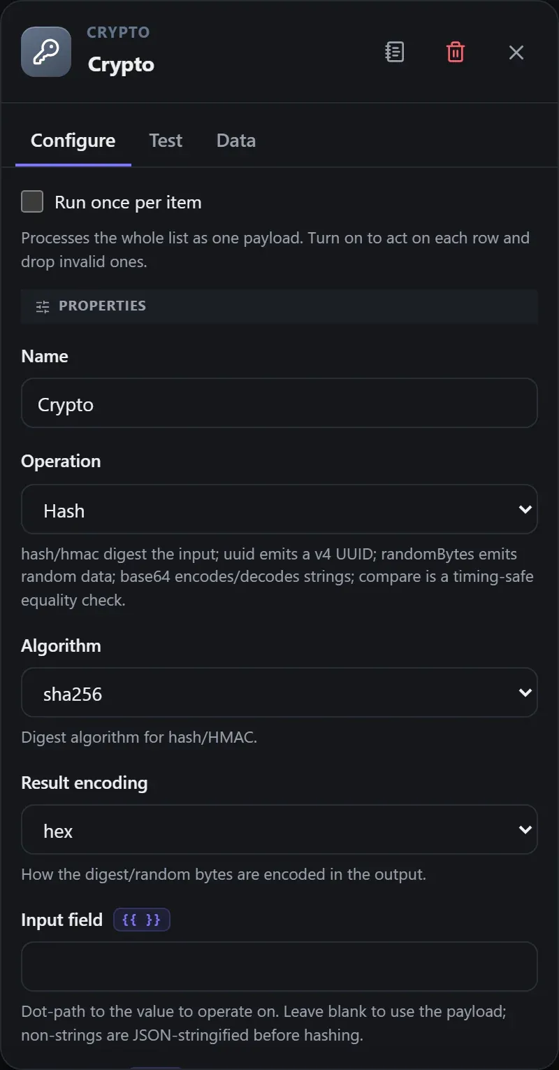 The Crypto node's Configure panel in the Studio builder