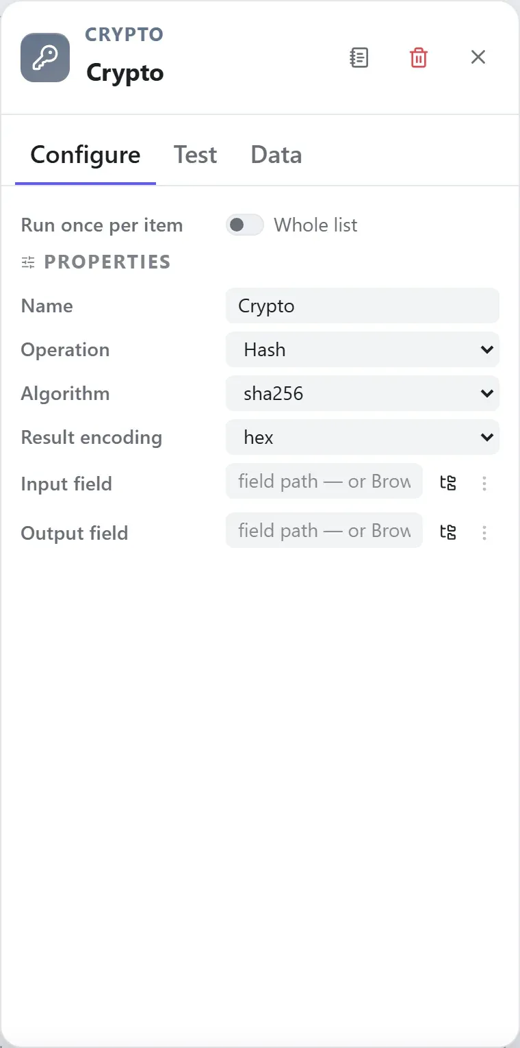 The Crypto node's settings in the Studio builder