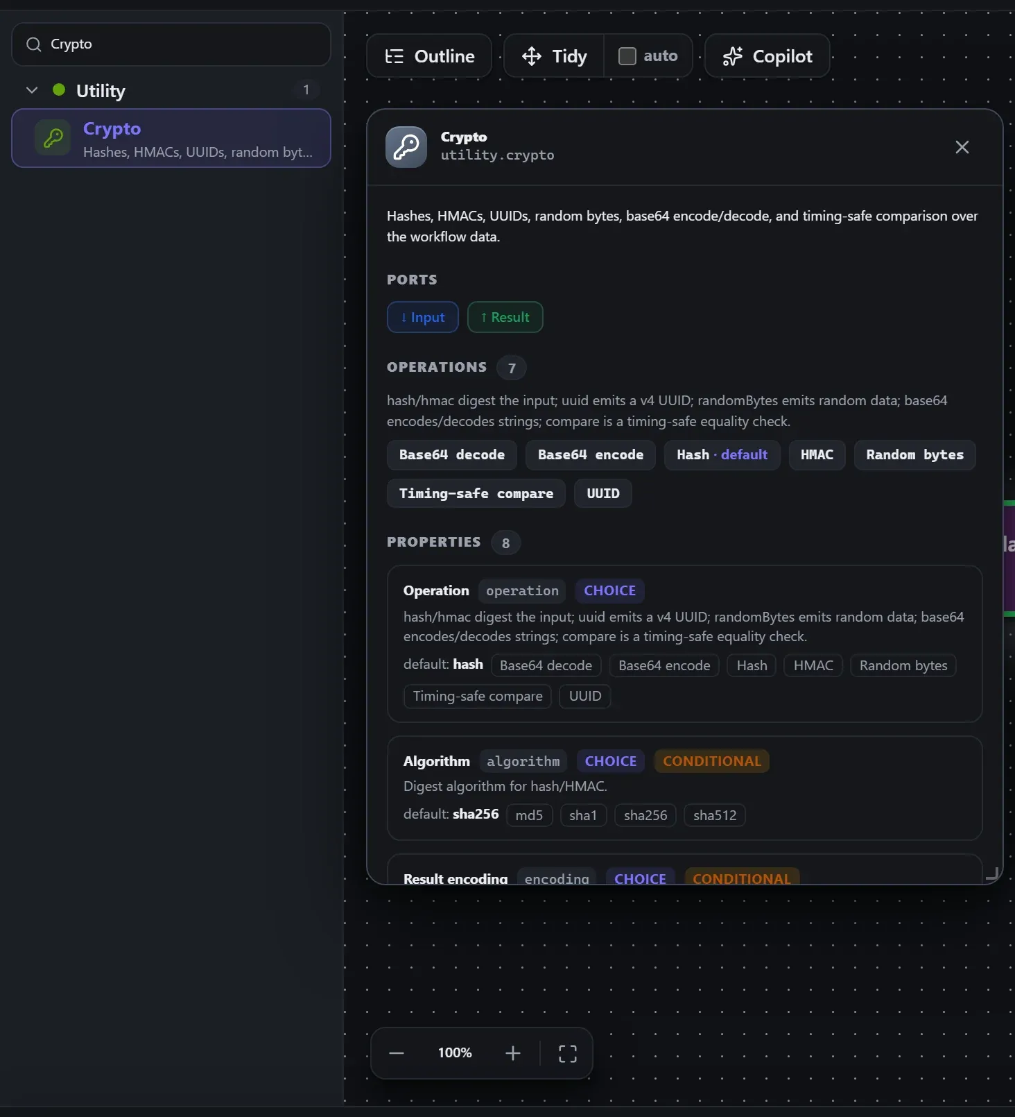Crypto in the node library, with the in-editor docs panel open