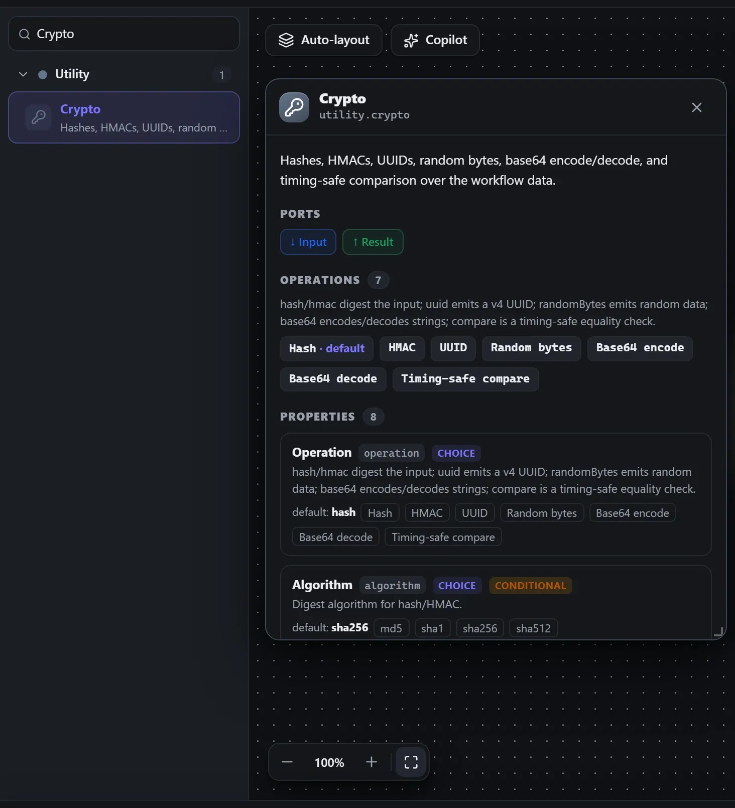 Crypto in the node library, with the in-editor docs panel open