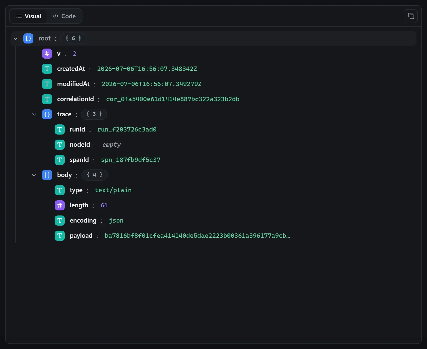 The Crypto node's output envelope in the run data viewer