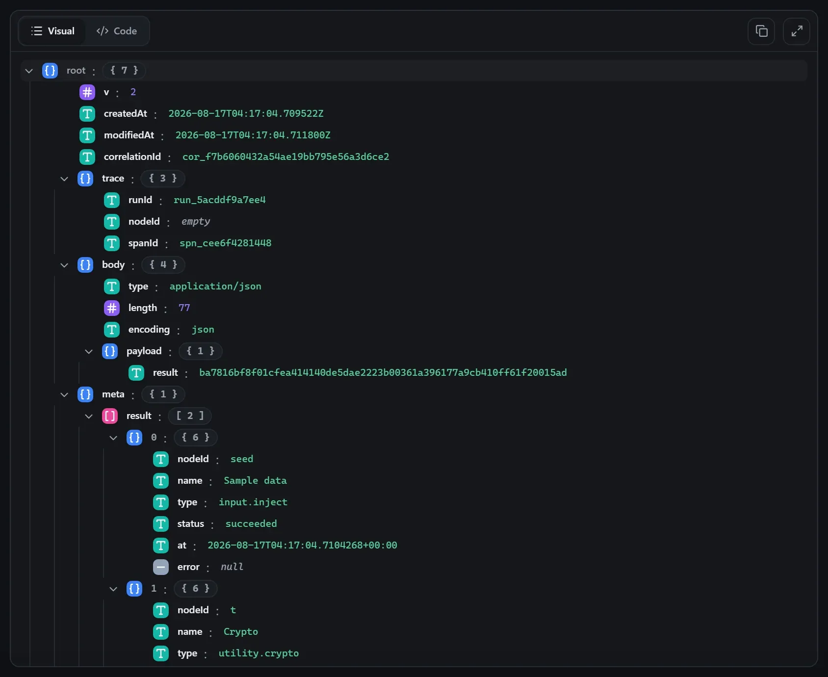 The Crypto node's output envelope in the run data viewer