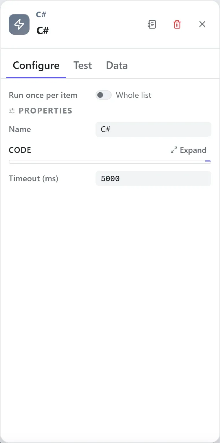 The C# node's settings in the Studio builder