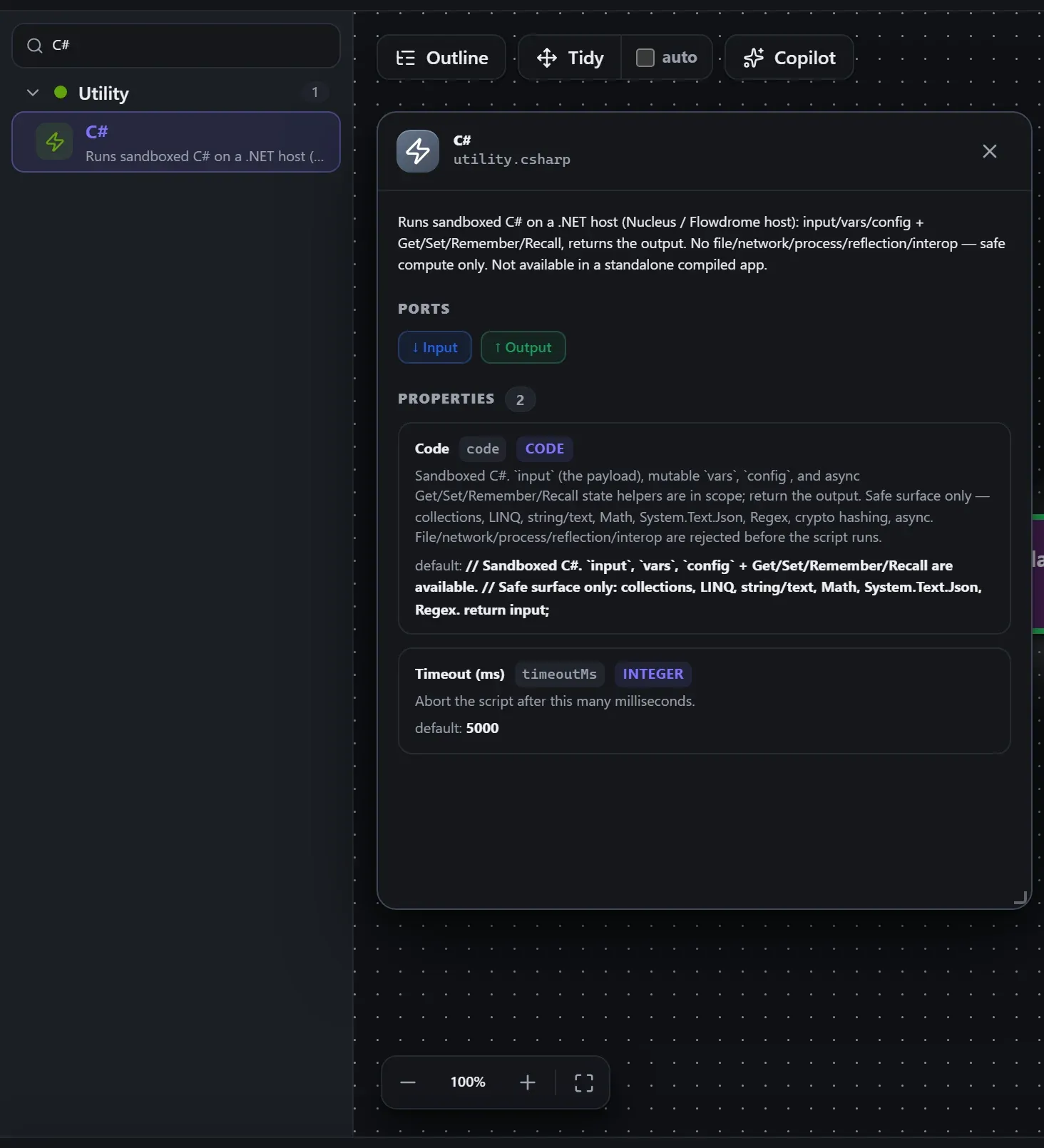 C# in the node library, with the in-editor docs panel open